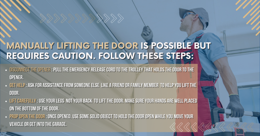 Lifting the door manually
 is possible but requires caution. Follow these steps